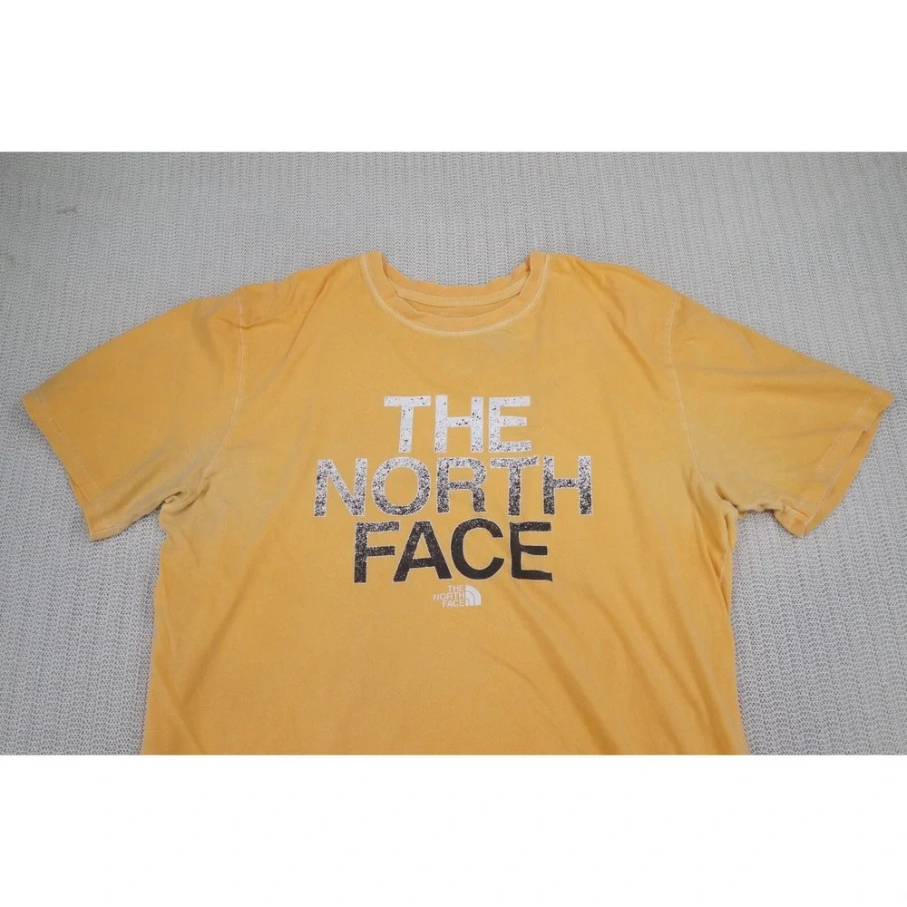 The North Face Shirt Mens Large Yellow Short Sleeve Spellout Logo Out door Fade